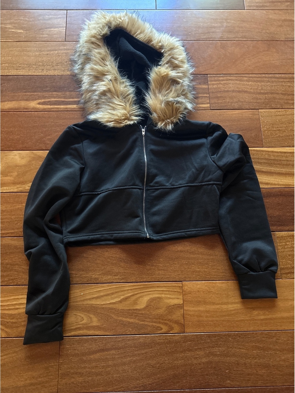 2000s style SHEIN Black Cropped Hoodie with Faux Fur Trimmed Hood